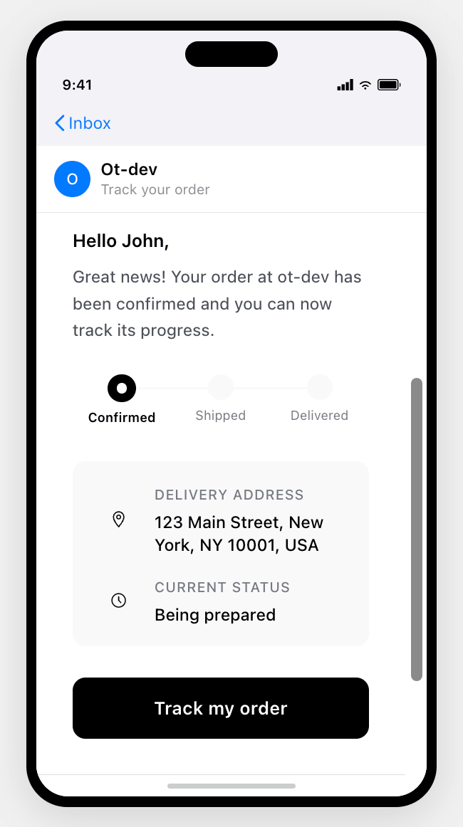 Rendered example of an Ordertracker email notification