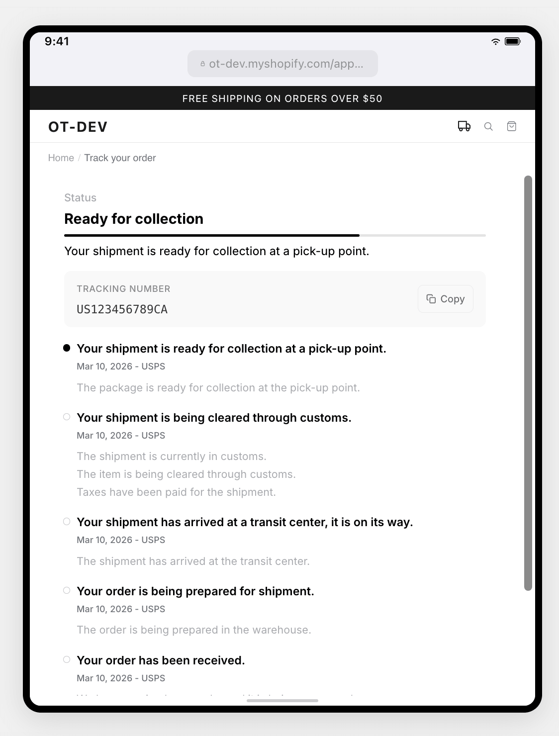 Rendered example of an Ordertracker tracking page on a Shopify store